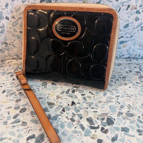 Coach Handbags - Coach Peyton Patent Leather Zip Wallet Black Embossed Monogram